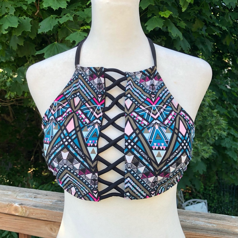 Rue Blue bikini top halter style size small Muti Aztec